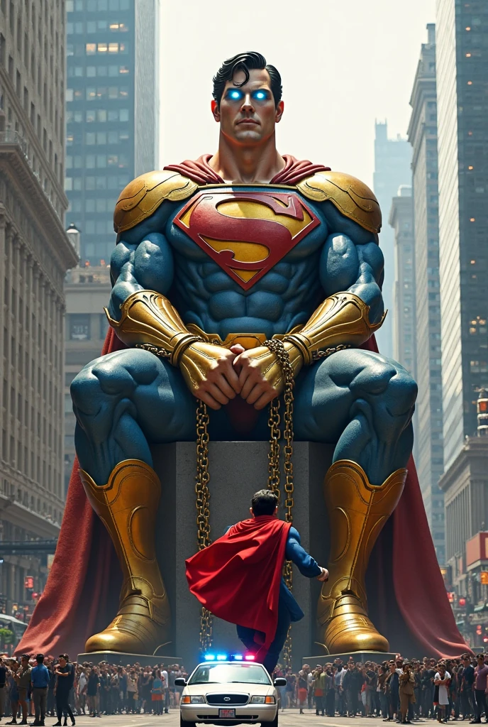 Create an image of superman being defeated by plastic man  
