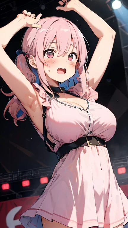 masterpiece、Soft Focus , Bright gradient watercolor、Tabletop, High resolution, 8k, Anime Women, Delicate and detailed writing 、Detailed digital illustration、high resolution, high quality、Detailed Background、Close-up photo、
long hair、Shiny Hair、Bright pink hair、bangs、Very beautiful woman、Idol、Double Eyes、(Large Breasts:1.4)、
(((Two arms、Four fingers, One thumb)))、Detailed female face、(Holding a microphone:1.3)、Singing on a microphone、pink ribbon、pink rose hair accessory、、(all nude)
