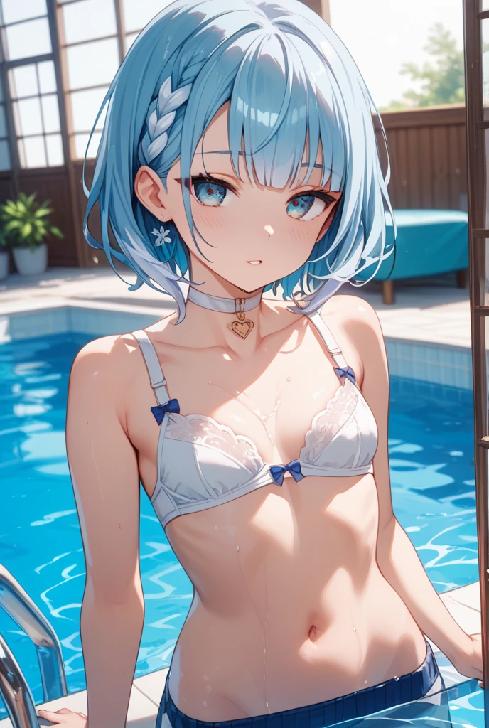 realisitic、top-quality、 1 人、20yr old、Bright flashy hair、piercings、Shy face、Fancy Bikini、beautiful boob 、sexypose、s ass、Example Pool、Particles of light、profetional lighting、blue open sky