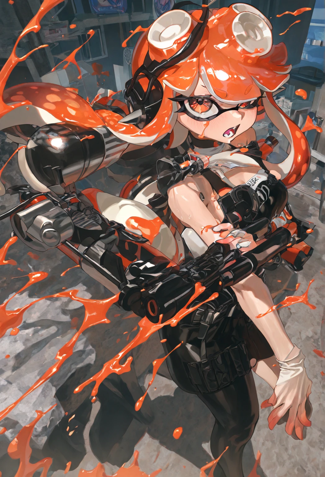 (masterpiece, highest quality, highest quality, Official Art, Beauty and aesthetics: 1.2), (1 Splatoon girl: 1.3), Golden Eyes、Very detailed, colorful, Most detailed ((Very detailed)), (Highly detailed CG illustrations), (Very delicate and beautiful), (from the front), Cinema Lights, ((1 Mechanical Girl)), single, completion, (Machine made joints: 1.2), ((Mechanical Limbs)), (Many mechanical tentacles), (Tied up), (truth), (Blood vessel attached to a tube), (Mechanical vertebrae attached to the back) ,((Thick body:1.4,Huge breasts:1.6))Tight waist、((A mechanical cervical vertebrae is attached to the neck.)), (Be hungry), (Spread your legs), (Ahegao), (Wires or cables attached to the neck: 1.2), (Wires and cables connected to the head: 1.2) (Character Focus), SF, Black background,(Mucus: 1.5)(Hidden private parts)