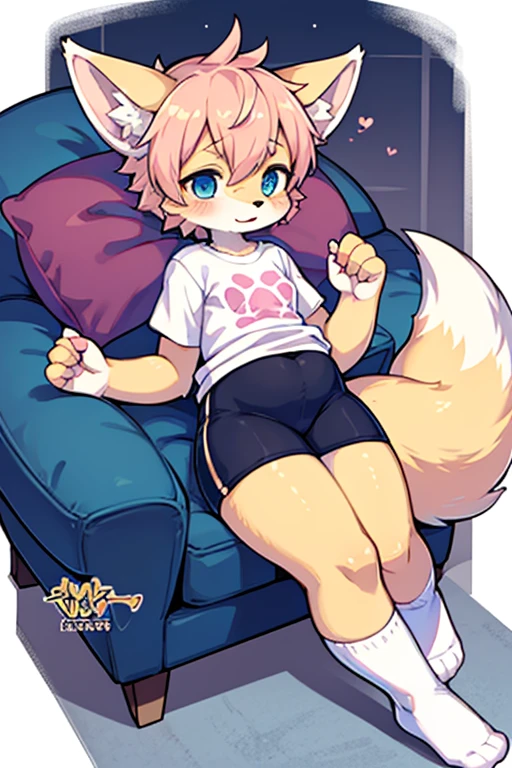 score_9,score_8_up,score_7_up, source_anime, temmie from undertale, Anthro girl, short silver grey hair, tall slender body, brown eyes, white furry body, canine feline hybrid girl, four ears, floppy white dog ears, white cat ears, wearing shirt, shorts, barefoot, feet paws four toes, sitting on a beanbag chair, playful pose, one leg up, seductive