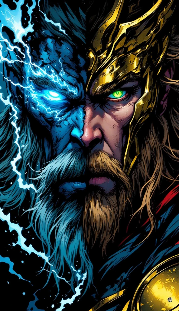 a man with long hair and beard standing in front of a lightning bolt, painted portrait of sturdy Zeus, furious god Zeus, the god of thunder, portrait of sturdy Zeus, the god zeus, god of thunder, painted portrait of Odin sturdy, portrait zeus, digital painting godrays, the god poseidon, the allfather, black thor, by Drew Tucker orange canvas background