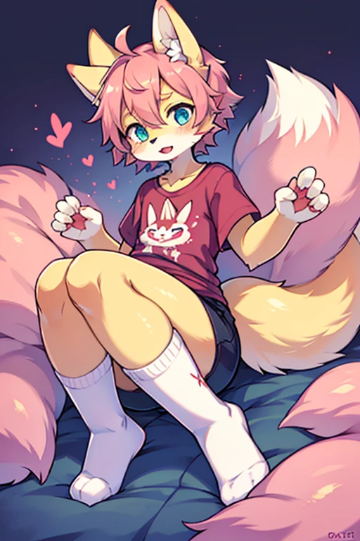 Anthropomorphic male crimson fox with pink nose, black ears, horns and purple eyes, two tails, fullbody view, solo, lying on floor, white background, digital art, lifting his shirt, femenine look, different views, wearing a pink t-shirt, pink thigh high socks with white stripes, with legs rised up, looking at viewer,