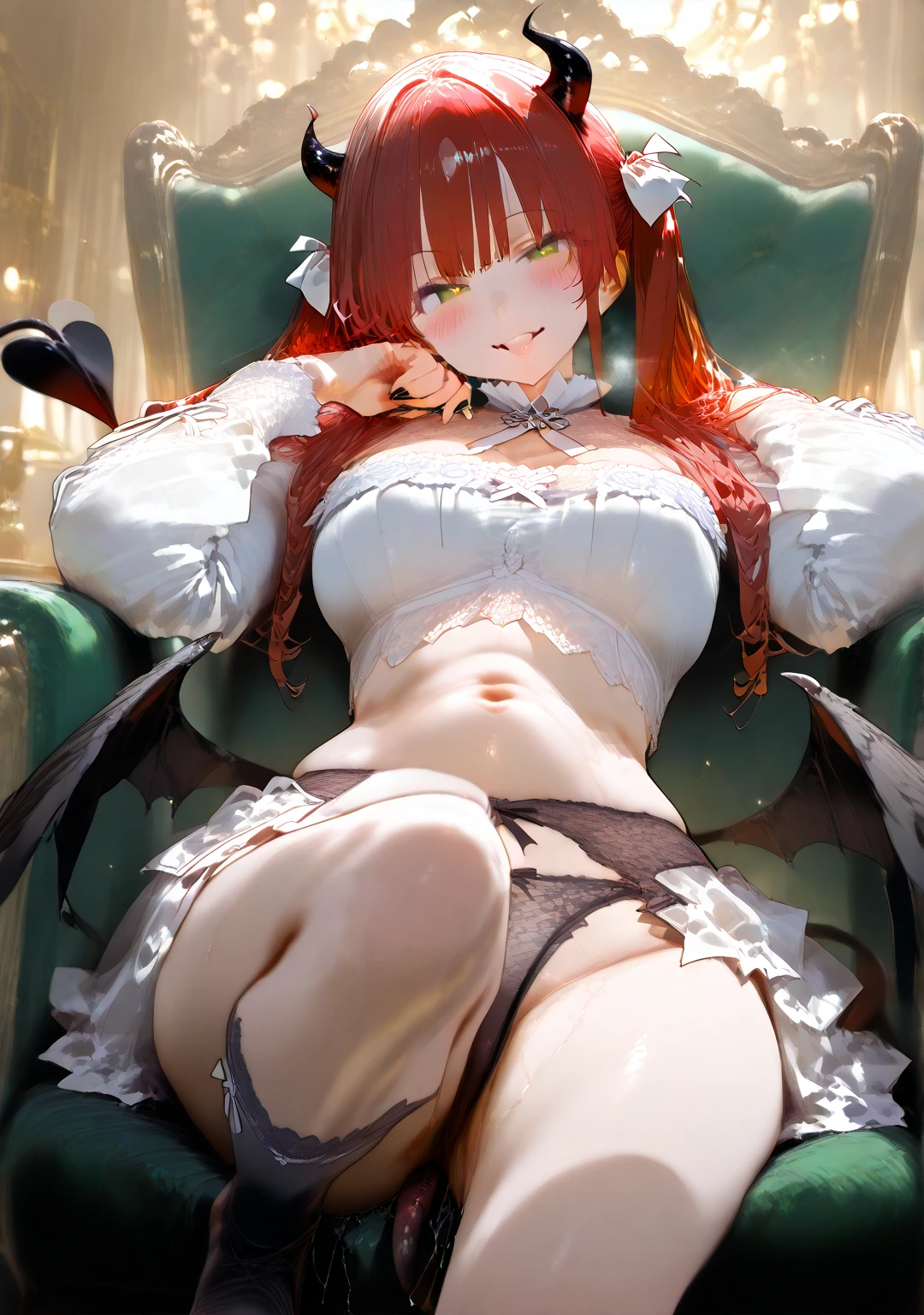 masterpiece, highest quality, High resolution, Kitagawa Marin, 1 girl, redhead, two side up, long hair, green eyes, pointed ears, devil&#39;s horns, belly button, devil&#39;s tail, devil&#39;s wings, crop top, long sleeve, ruffle shirt collar, ruffle panties, sitting, spread your legs, panty shot, indoor