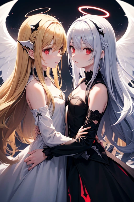 very best quality,Extremely detailed CG unity 8k,Close-up of,illustratio,depth of fields,cowboy lens,The role is centered,symetrical composition,(twins,2girls,The angel,devils,Angel wings,Devil wings),Angel ears,Devil's ears,dishevled hair,ldisheveled hair, ,(beautiful detailed eyes),(tiara crown:1.1),pleatedskirt,puffy long sleeves,(themoon:1.2),((black cloud)),(((Flowing transparent black))),(Floating black clouds:1.2 ), architectural, snow mountains, the castle,( Black and white fusion, Black and white lines,Line drawings, monocrome,sketching)