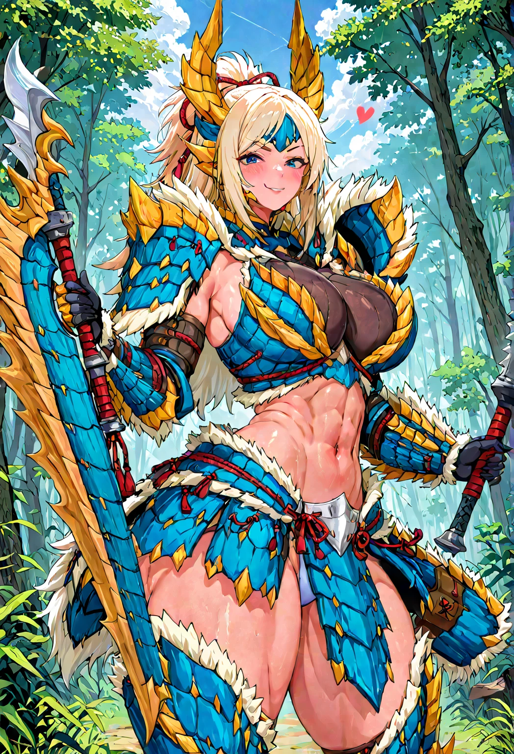 "(masterpiece:1.1), best quality,
1girl, (80s anime style:1.3), (eyelashes:1.5), (:1.2),
(intricate high detailed body:1.2),
(silver hair:1.1), (forehead, parted bangs, hairclip:1.1), (short hair:1.1), (witch hat:1.2),
red eyes,
(curvy body:1.1), (gigantic breasts:1.5),
(angry, smile:1.2),
(string bikini armor:1.2),
(spiked knight armor, armored boots:1.2), (frill:1.1), (streaked hair:1.2), neckwear,
standing, leaning forward,
(full body, looking at viewer, from front:1.1),
daytime, outdoors"