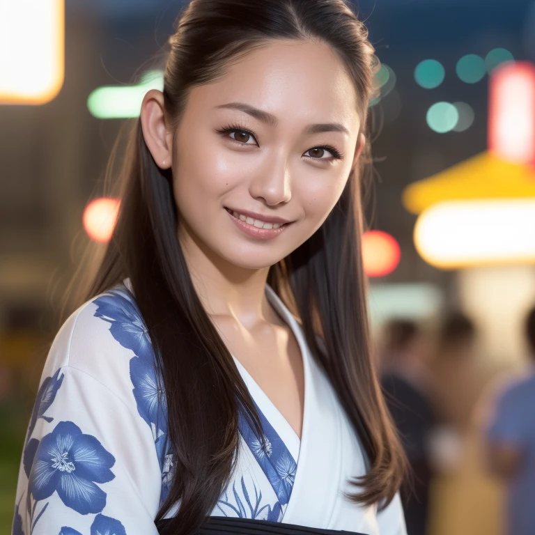 Surrealism, High detail, Cinema Lighting, Ray Tracing, viewing angle, Eye-level shot, Hyper HD, masterpiece, Textured skin, 4K, Highest quality, Beautiful woman in kimono, Background of the Danjiri Festival in Kishiwada, Osaka Prefecture, Japan、A glamorous atmosphere、evil grin