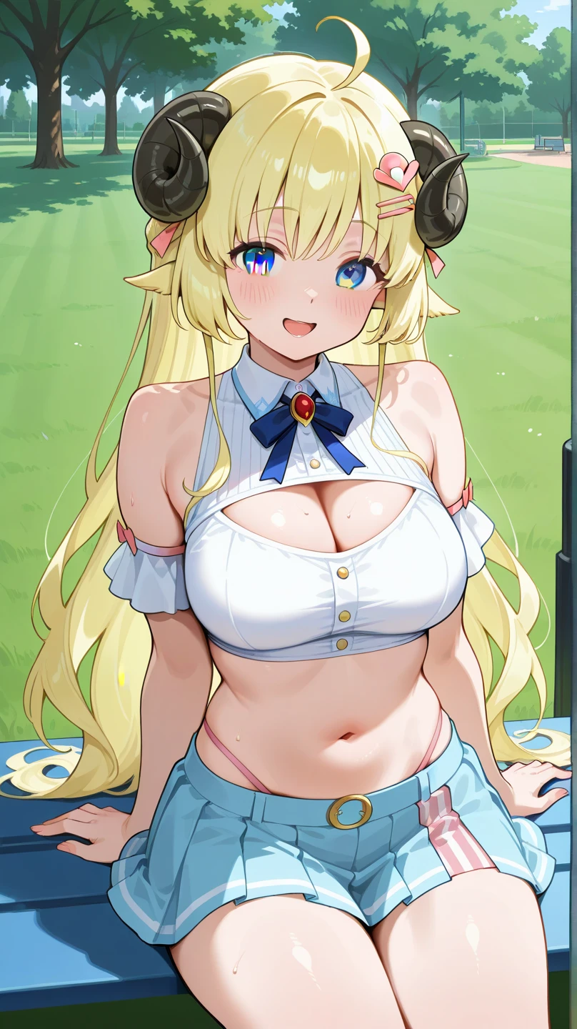 (masterpiece, best quality:1.2),illustration,8k,hd,absurdres,1girl,solo,upper body,sussex (sunlit tulips) (azur lane),bare legs,bare shoulders,bikini under clothes,blonde hair,blue eyes,cleavage,criss-cross halter,denim shorts,front-tie bikini,front-tie top,frown,hair ornament,hair ribbon,hairclip,halter top,halterneck,hand on hip,large breasts,long hair,looking at viewer,micro shorts,navel,sandals,stomach,swimsuit,two side up,white bikini,<lora:Sussex(azur):0.8>,