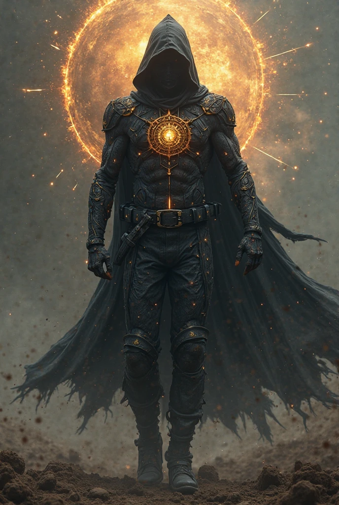 The Grim Reaper wearing a black and Gold houndstooth embroidered robe holding, standing on the sun hurling a huge fireball through earth’s magnetic field 
