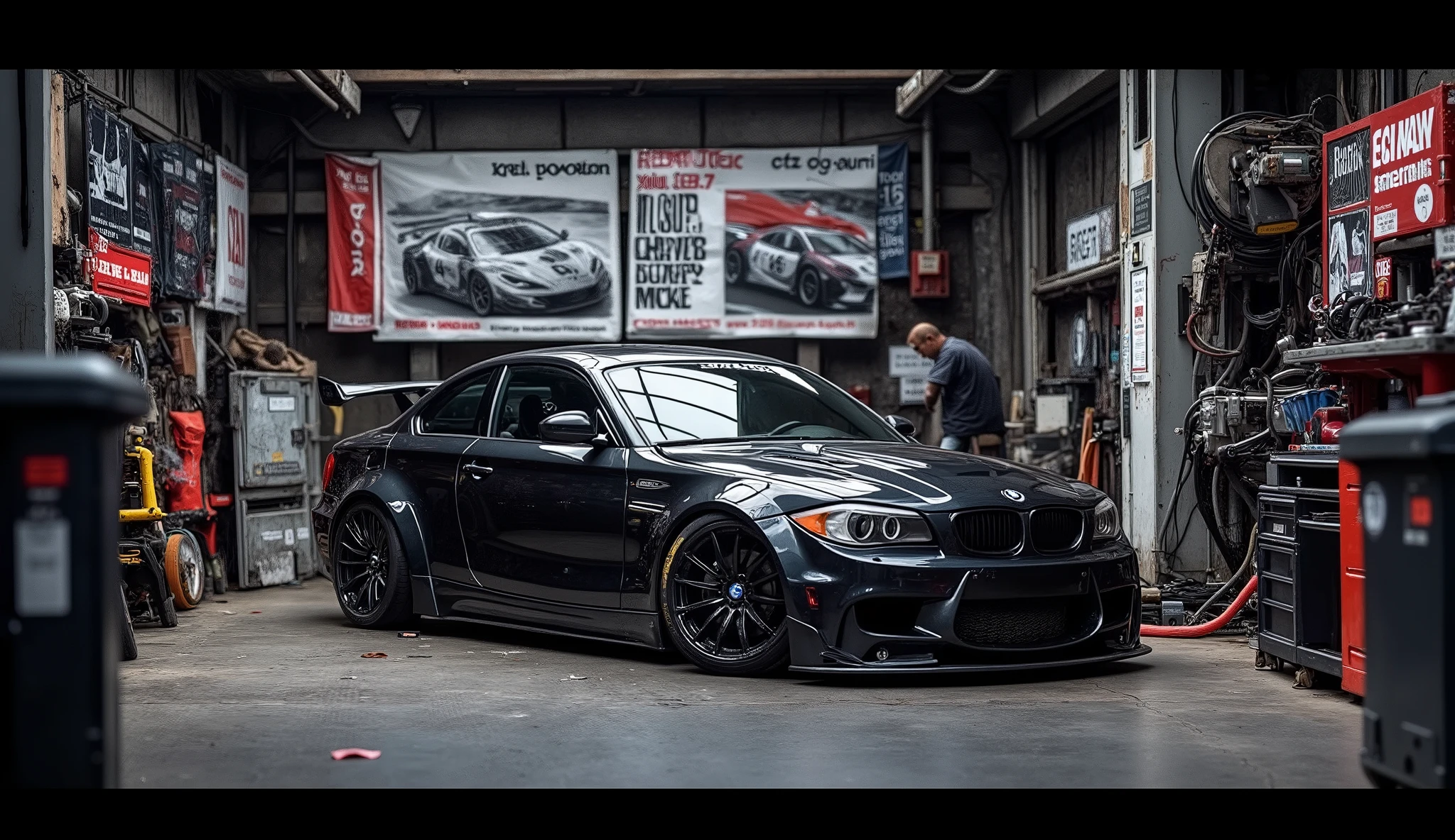 racing car posters all over the wall, Cluttered machinery, Dim lighting, BMW E82 135i,car height is low,BMW E82 135i with black wheels,