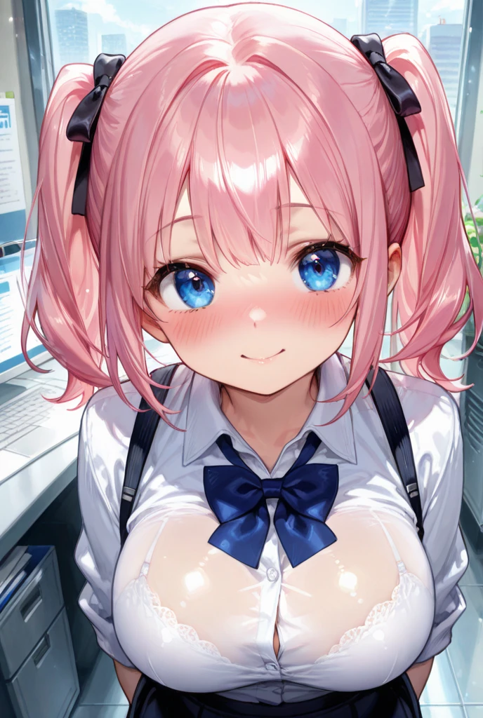 (masterpiece、Highest quality、Very detailed)、((1 Girl))、((Pink Hair))、((Twin tails))、((Bright Blue Eyes))、Wicked Smile、vapor、Earrings、((Very large breasts))、((Open clothes White shirt))、((white Lace Bra))、((Black pleated skirt))、Black socks、((One boy))、((penis:1.2))、、Bedroom Background、((Browsing Caution)),NSFW,(sex)pussy,(vaginal half glans)