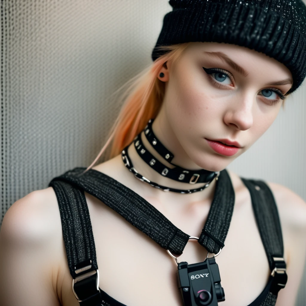 Informative, analog style, eye focus, highest quality, (highly detailed skin, detailed skin texture), RAW color photo, clothed, of a Exquisitely beautiful punk Dutch, white skin woman, 20 year old, intricate tattoos, (wearing harness, and beanie), Athletic physique, gargantuan breasts, tiny butt, perfect face, alluring eyes, [makeup], skin pores, [freckles], (piercings:0.5), (highly detailed, fine details), diffused lighting, tilt shift, side lighting, film grain, photographed on a Sony Alpha 7 IV, 8k resolution, ((full body))