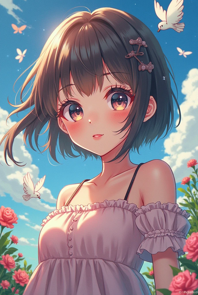 (masterpiece、Highest quality、Highest quality、Official Art、Beautiful and beautiful:1.2)、(One girl:1.3)Hatsune Miku、Twin tails,Beautiful breasts,Super detailed, Very detailed, masterpiece, Highest quality, Highest quality, Ridiculous, High resolution, Scattered beneath the surface, (One girl: 1.5), (alone: 1.4), smile, (Black curly hair), (Curly Bob Haircut:1.2), Asymmetrical Hair, Asymmetrical bangs, Shortwave Van, (Dark brown eyes:1.2), Round eyes, Fine grain, perfect brown eyes, Rendering brown eyes, (View your viewers: 1.1), Dynamic pose, Dynamic Angle, whole body, Detailed skin, Skin pores, Shiny skin, Shiny skin, (Skin Dentition:1.2), (Light freckles:1.2), Large Breasts, Hair flow, Idol, (blue summer dress:1.2), summer, (sunset), Outdoor, orange sunset sky, (Tulip Fields:1.2), (water:0.8 ), (Detailed Background: 1.2), (Complex background: 1.2), Depth of written boundary, Small choker, (Little Loli),