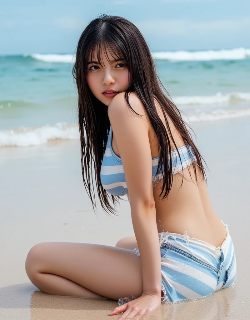 beautiful, sunlight, masterpiece, highest quality, (One girl), Japanese, 13yo, alone, smile, Embarrassed face, Pink lipstick, Red cheeks, Blue Ocean, best blue sky, White cloud, Small breasts, Cleavage, (japanese high school girl uniform), ((Soaked uniform)), Black Skirt, White lace underwear, ((pointed nipples)), Black-haired, Shortcuts, Hair blowing in the wind, Detailed face, Detailed eyes, (Wet Skin), (Wet Hair), High quality water, super settings, Sexy model posing, ((squat legs)), You can see the shape of, ((Angle from below)), Fisheye Lens, Ocean, High waves,