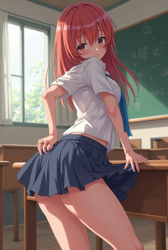 NSFW, Very erotic, top-quality、ultra - detailed，Perfect hand、detailed finger、Beautiful detailed eyes、schoolgirl、white shirt short sleeves、red necktie、Dark blue pleated skirt、detailedbackground，‎Classroom， Cocked ass，Redness of the face、Leaning on the desk，Lace，pantiess，camisole，lacepantyhose，torn outfit，cleanness，soaking wet，Dirty clothes