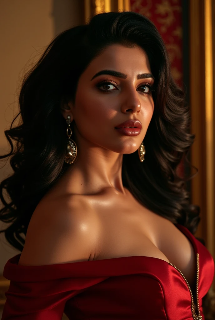 a beautiful slim young indian girl with natural curves, dressed in a red dress, detailed face, beautiful eyes, detailed lips, long eyelashes, detailed skin, detailed hair, detailed dress, detailed jewelry, detailed background, highly detailed, 8k, photorealistic, cinematic lighting, dramatic lighting, vibrant colors, warm tones, full body picture, wide shot.