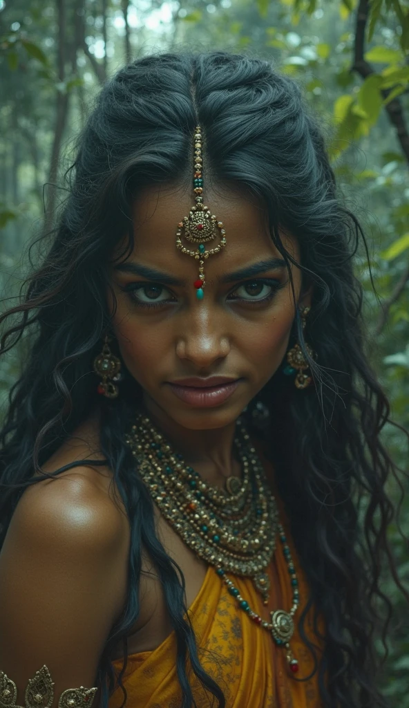 ((Realistic:1.5)), ((Best quality)), ((Masterpiece)), ((detailed)), (photorealism), (Exact proportions), (Ultra wide angle lens), (detailed face, beautiful green eyes, detailed pupils, clear background: 1,3), (close-up), (Indian appearance), a huntress in a primitive skirt with a spear sneaks in dense thickets, big curvy milky tits hidden by jewelry, wide steep hips, primitive massive jewelry, night, night sky, night forest, dense thickets hide the body, Night Jungle, best shadow, bright details, perfect composition, sharp focus, rim of light