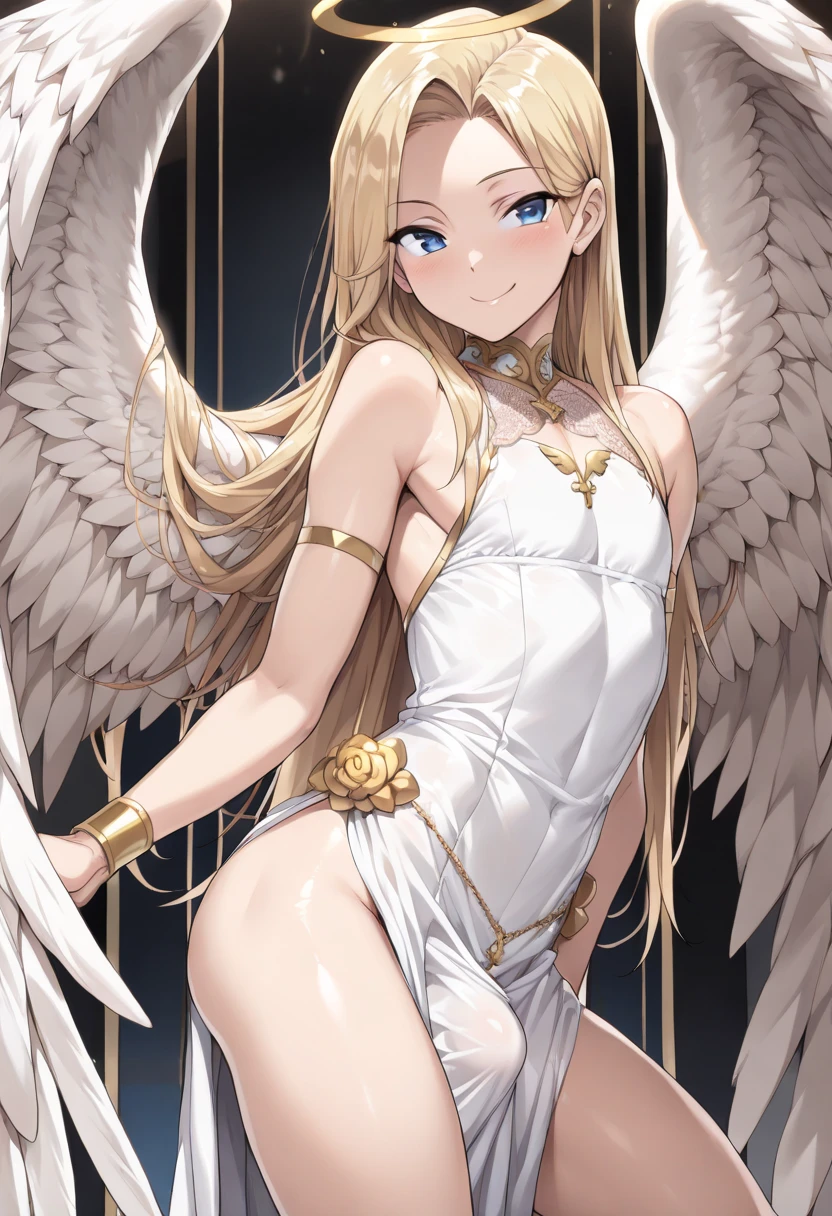 flat chests, nsfw, masterpiece, 1 girl, erect nipples, intricately detailed, topless, navel, bare shoulders, necklace, blonde, long hair, white skirt, angel wings, flying, extremely detailed, photorealistic, octane render, 8 k, unreal engine, bare breasts, puffy nipples, blue eyes, extending hand, sky, fantasy, enchanted, angel, bare stomach, sweaty, child, small breasts, flat chest, arm strap, full body, halo, wings, feathers, light, smiling, outdoors, bangs between eyes, hair ornament, white sarong, gold thigh strap