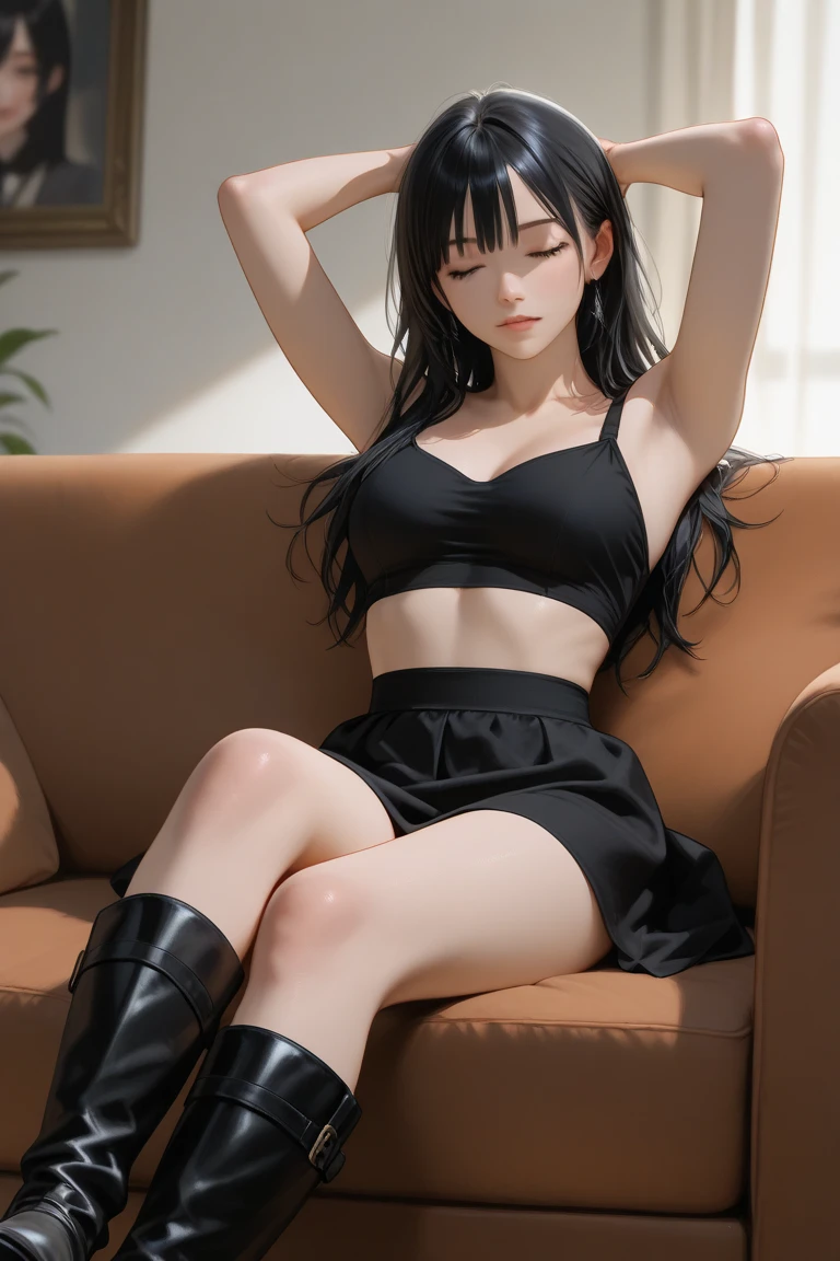 (Masterpiece, Premium Quality: 1.2), Alone, Strong, 1 Girl (Tifa Lockhart), Black Long Hair, Lying on the Sofa, Miniskirt, Armpits, Saggy Eyes, Princess Eyes, Beautiful Eyes, Panties