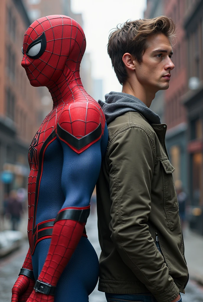 A photograph of spider man, no mask, 20 yo, handsome, detailed face, looking at camera, portrait, 8k uhd, high quality