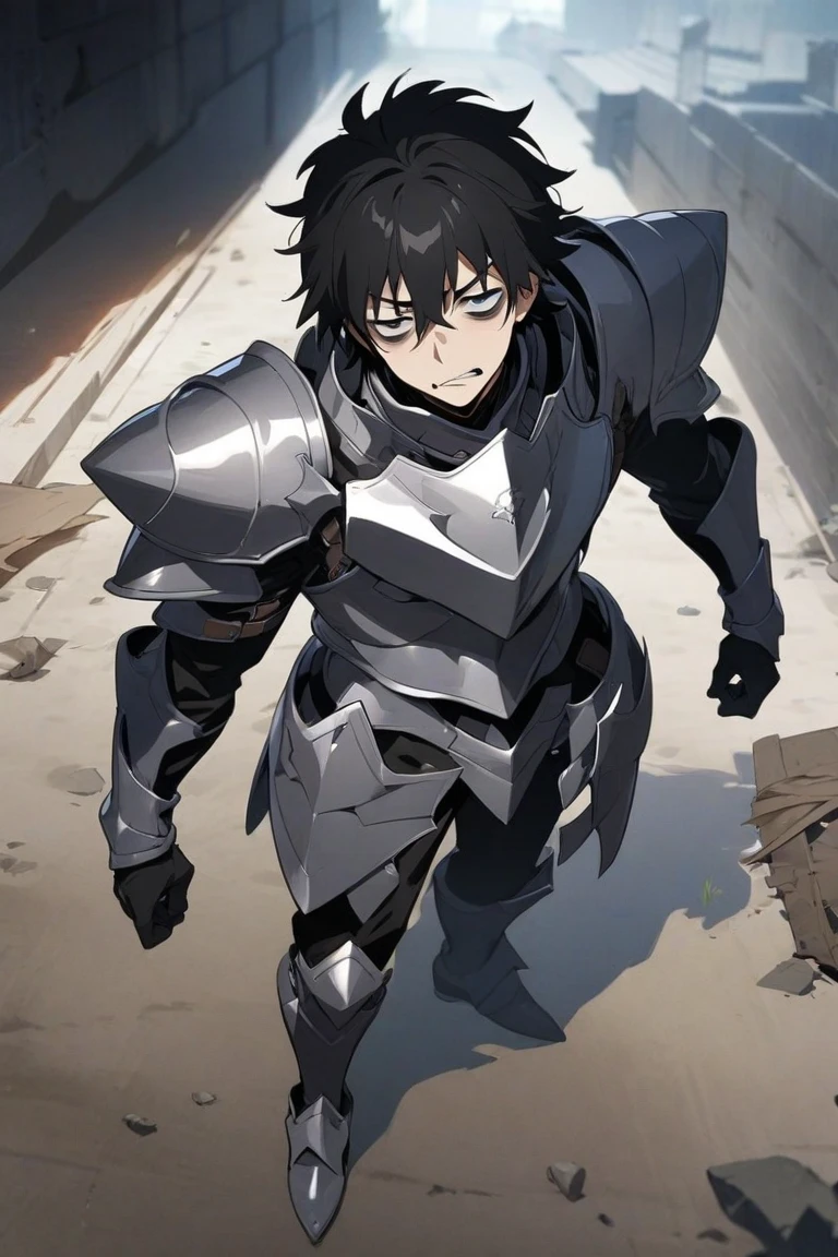 cluseller, best quality, incredibly absurdres, illustration, digital painting, cowboy shot, male character, 1boy, male focus, Light Black hair, hair over one eye, evil smile, grin, purple eyes, (wearing science fiction style shikoro and plate carrier armor), landscape with texture and dark sky, finely detailed background, amazing background