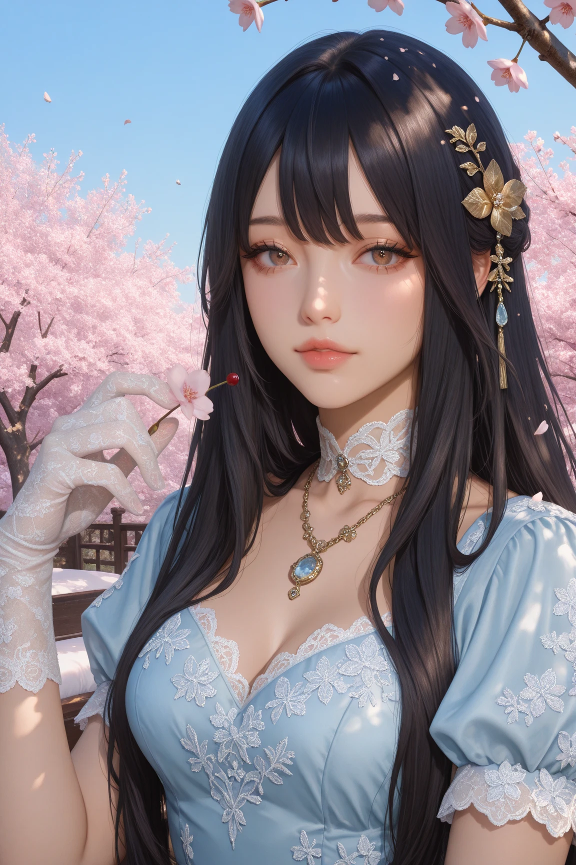 1 girl,(Highly refined skin),crooked,,beautiful胸,Large Breasts,Pale skin,Pointed chest,Erection of nipples,(Best image quality,Surreal Portraits,(8K),Super realistic,最high quality, high quality, high resolution, high quality texture,High Detail,beautiful,detailed,非常detailedCG,detailedテクスチャー,Real facial expressions,masterpiece,Presence,Dynamic,bold),Bob Hairstyle,(Very thin hair),(Super soft hair),(Super straight hair:1.5),Long flowing bangs, black hair hair above one eye、Smile、goddess Smile、Floral Skirt、Cherry blossoms、Two-dimensional beautiful girl、I