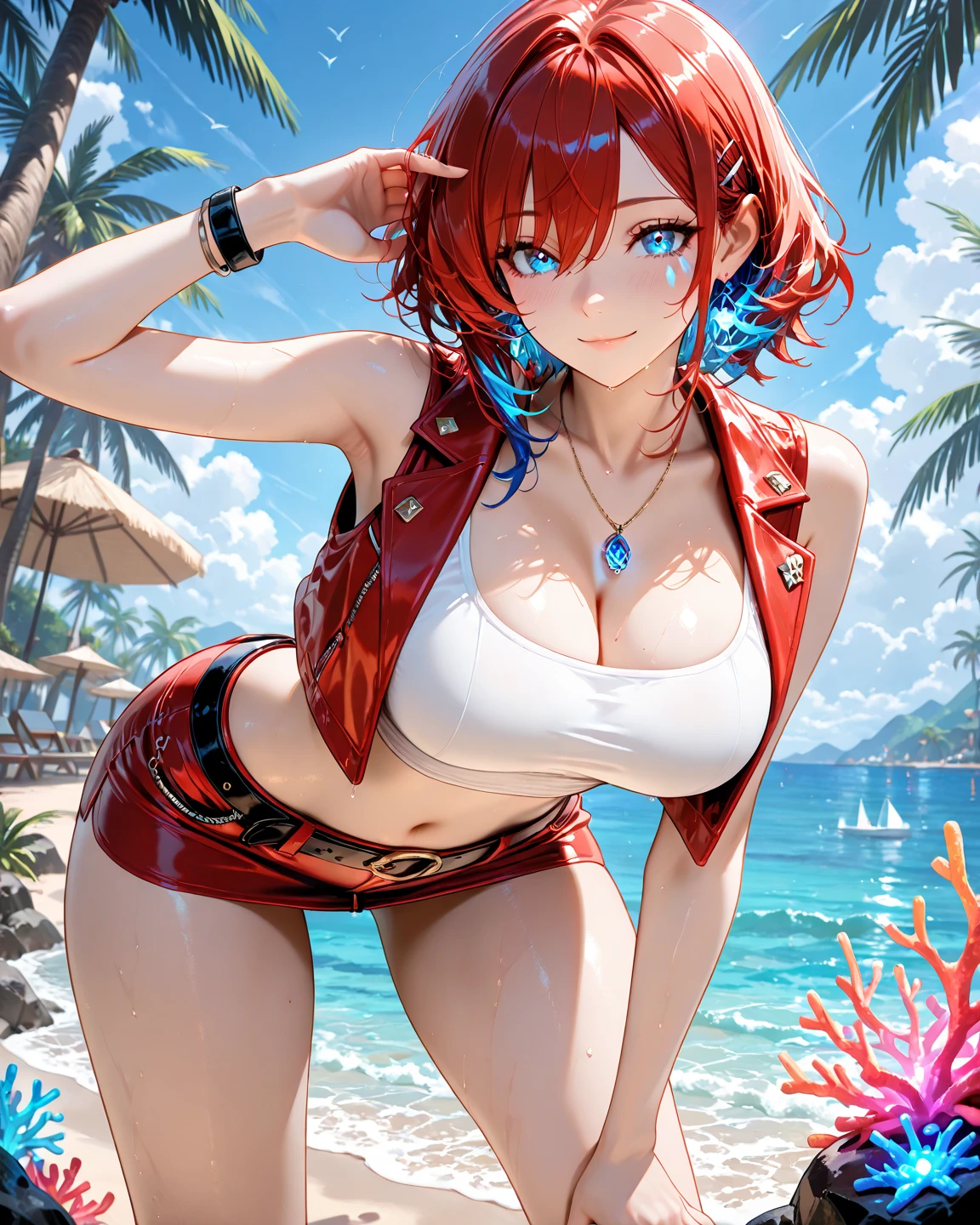 Top Quality, Masterpiece, (Realistic: 1.2), Realistic, Realistic, Crisp & Clear, High Quality, Anatomically Accurate, French, Beautiful 17 year old girl, 167cm, red hair, blue eyes, cute, pretty legs, red wet bikini,, strong willed eyes, dark eyebrows, neat beauty, bashful smile, (((( Top quality)))),((((highly detailed))), 1 girl, super detailed, highly detailed, fine details, super detailed, top quality, 8k, excellent anatomy, beautiful lighting、in the beach