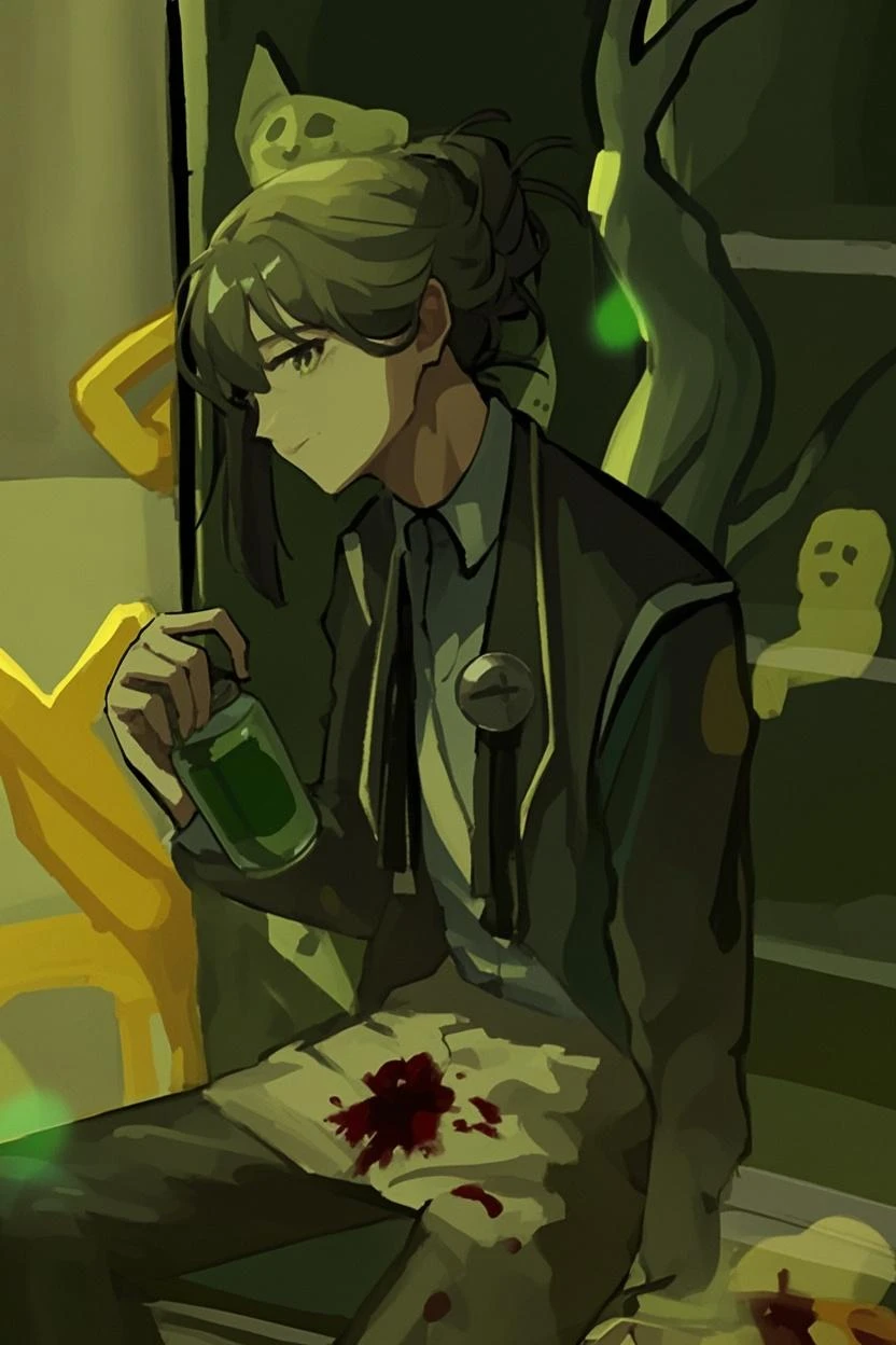 (masterpiece, best quality:1.2), cowboy shot, solo, male focus, 1boy, dazai osamu, brown jacket, white pants, bandages, (blood:1.1), sitting in a bar, dark, sitting, smirk, glowing eyes, gun on table, blood splash on  face, mafia, holding gun to his own head, toungle out, (pistol:1.1), gun in hand, gun, gun to head, holding gun to head, holding gun