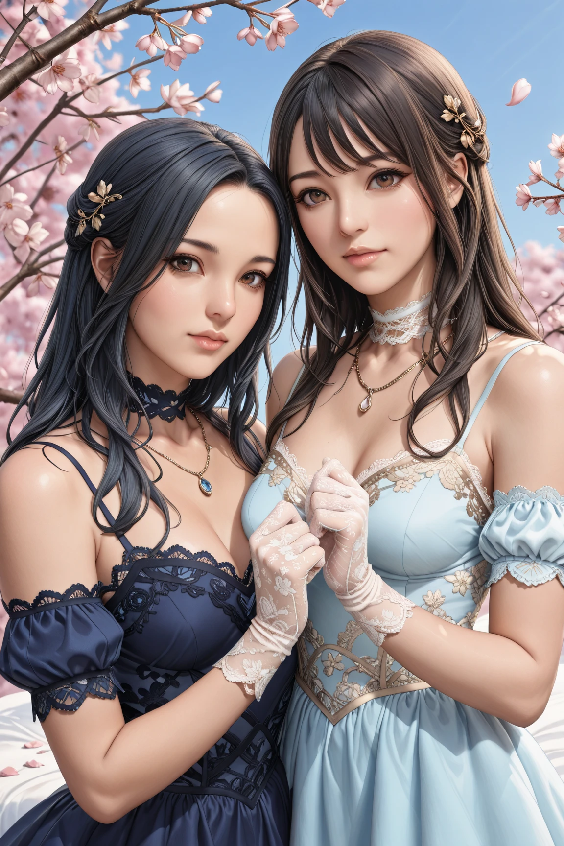 trois belles femmes, 25 ans, aux cheveux violets et une robe violette soyeuse, calin, s'enlaçant, carressing eachothers, portant un grand collier en forme de coeur, chiffre de sablier, figure symétrique, visage très détaillé, beau visage, yeux bleus apaisants, lèvres violettes luxuriantes, souriant, séduisant, flirter avec la caméra, superbe illustration numérique, environnement quantique mystérieux, éléments cosmiques et atmosphère éthérée, topless, pink chest tattoo, undressing eachothers