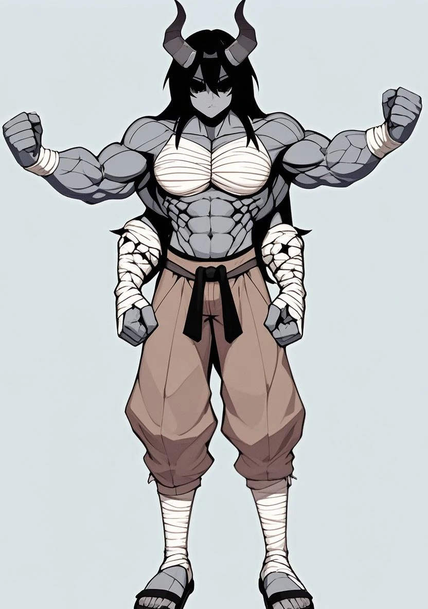 character, humanoid, female, horns all over the body, gray skin, ribbon on one of his shoulders, spikes in their hands, cotton pants with a ribbon at the waist, armor on your torso, athletic body, anime, White background