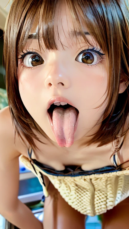 triangle-bikini,(open mouth:1.5),(tongue out:2),Kneeling,Hands between legs,Collar with leash,front view,face focus,from above(1girl,Beautiful 14 year old girl,teenager),((Slender,Small breasts,Small face,)),(looking at viewer),Black Hair,bangs,Beautiful and detailed,in the forest