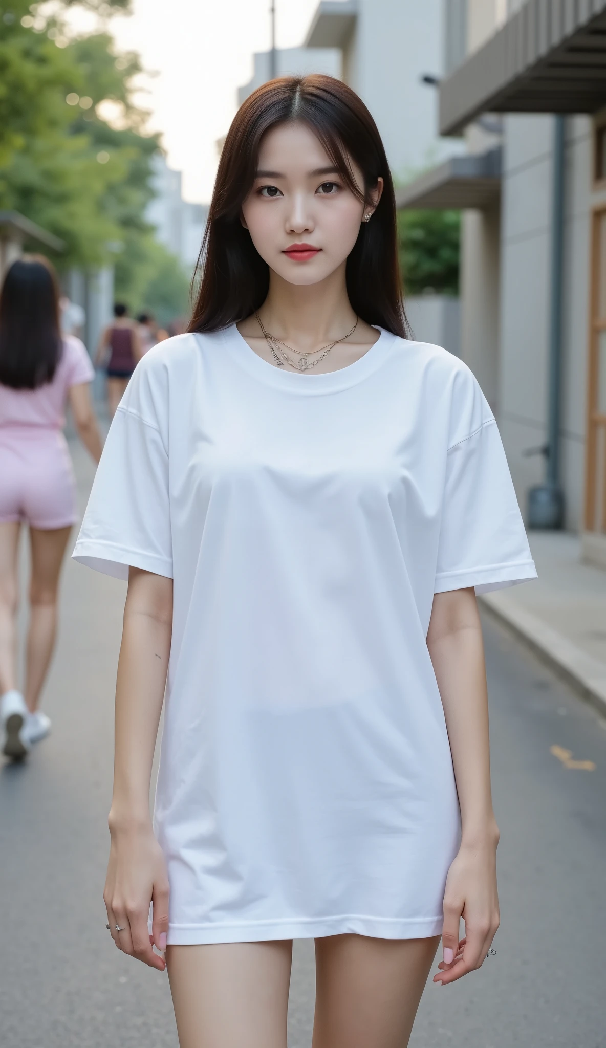 (RAW photo, Best quality), (Realistic, photo-realistic:1.2),High quality, (highdetailskin:1.4), 1girll,standing,mediuml breasts，oversize T-shirt，no underwear,long legs,in the street