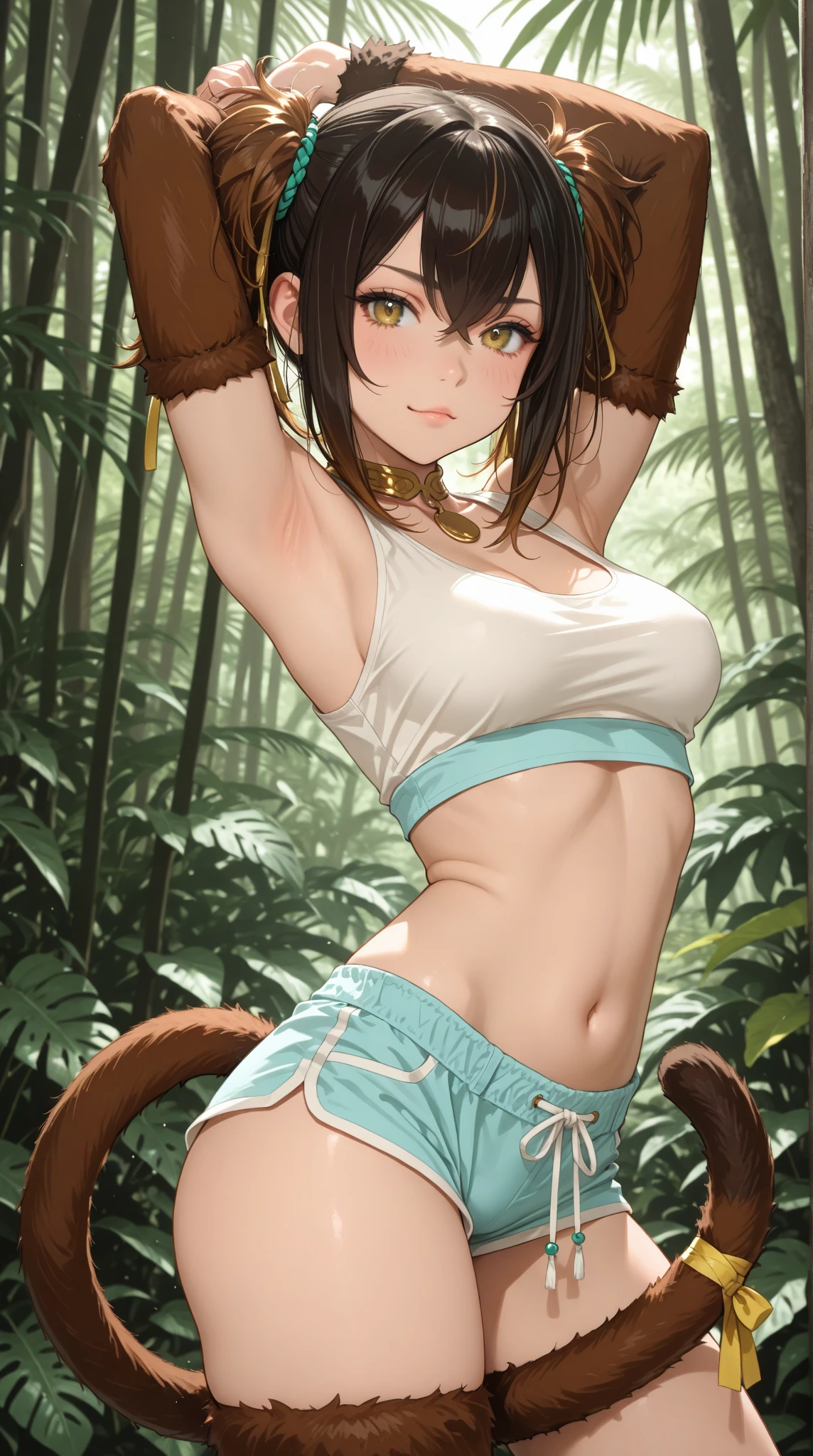 master peice,hyper quality, hyper-detail,Perfect drawing,Hi-Res、独奏、a beautifulchi girl、(bbw)、((Pig nose pattern bikini))、Boar ears、((Boar nose))、Boar's tail、Boar palm、Boar paws、Boar's fingers、sharp claws、((Boar Fang))、Hunter's eyes aiming for prey、Black and brown hair mesh、Sharp eyes、Height 177cm、MeasurementsB95W60H90、Kneeling、pow pause、jungle、beatiful backgrounds、Accurate drawing、Detailed drawing、