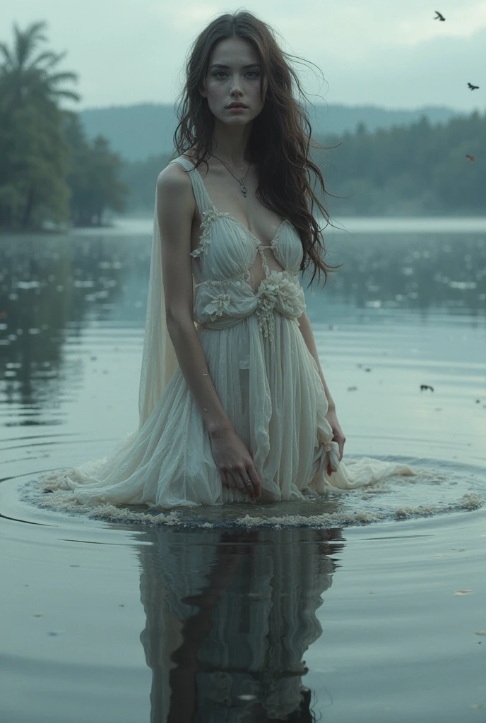 Tiro de medio cuerpo, Hyper-realistic photography in a swamp, Beautiful pale bald model, piel iridiscente, piel que parece vidrio, White albino python body moving in the water,