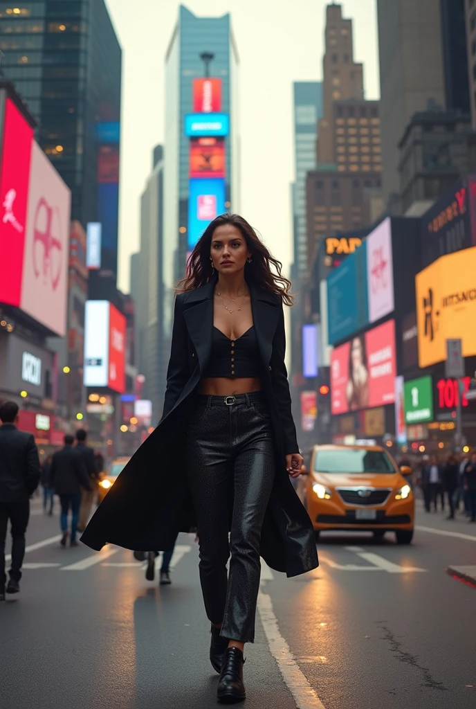 Fashionable Europian woman walking down a Time Square in Saint Lauren suite, Supermodel, Mesmerizing, (Luxury brand advertising), in time Paris, street photography style, shot on Hasselblad, (Detaild face: 1.3), (Long exposure), (Camera flash), (Lens flare), (Anamorphic lens: 1.3), (Depth of field: 1.5)