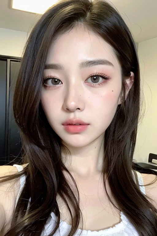 ((Best quality, 8k, Masterpiece :1.3)), 1girl, Pretty woman with emphasizing slender abs :1.3, (random hairstyles :1.2), Oversized tank top :1.2, Ultra-detailed face, Detailed eyes, Double eyelid, alice toggle, selfie