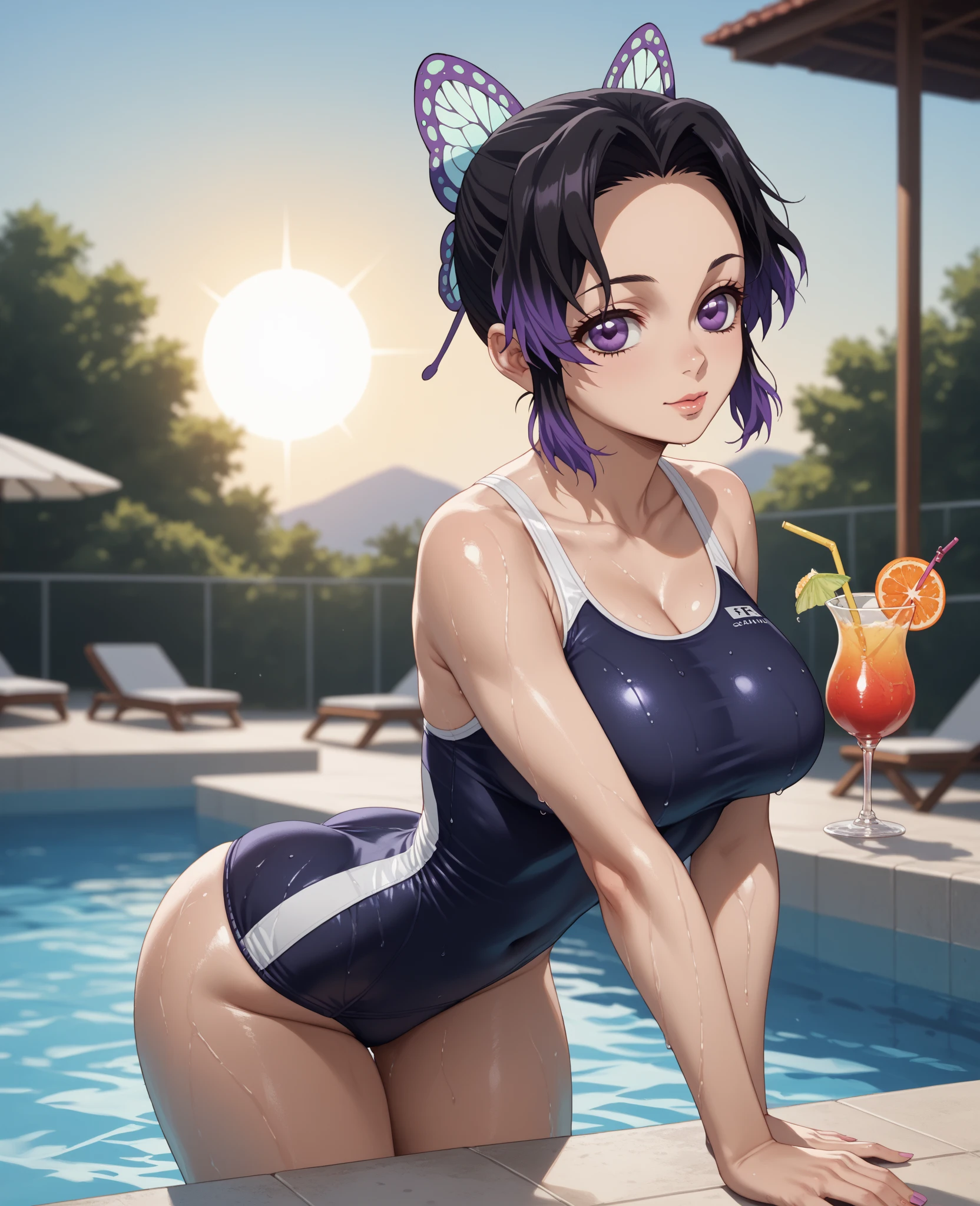 Brown hair, purple eyes, short hair, one piece swimsuit, gold swimsuit, yellow swimsuit, short, woman, outside, beach, cheery, warm smile, small breasts, glasses, laying down, on stomach, butt