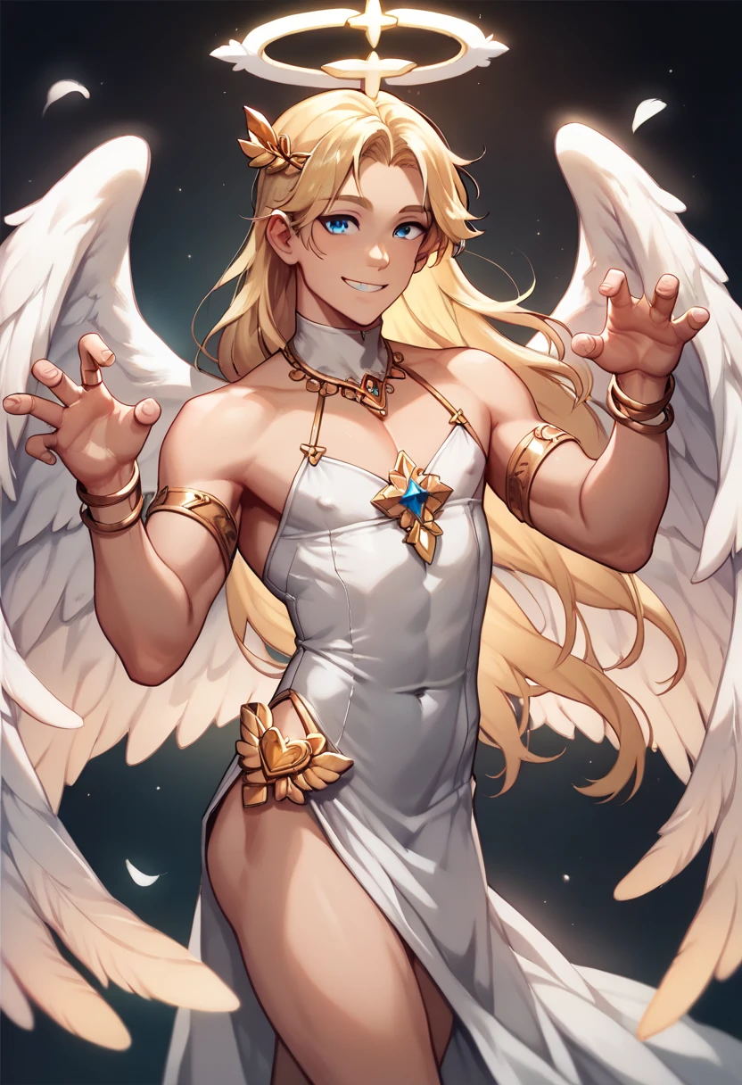 ful:1.3、stands、masterpiece、3D、realisitic、Ultra Micro Photography、top-quality、Ultra detailed CG Unity 8k wallpapers、shorth hair:1.3、Floating blonde:1.2、frombelow、intricate detailes、(1 female)、28 year old、(sailor uranus, mature woman, small breasts, aqua eyes, blonde hair,Meixiaonfu,TenouHaruka,mer1, tiara, sailor senshi uniform),Sailor Senshi Uniform:1.2、sailor uranus、(Luxurious golden tiara on the forehead: 1.2、Bare upper arms:1.2、Long white latex gloves with luxurious gold decoration:1.2、Very thin and fitting high-gloss white silver holographic leather:1.5,Bold and sexy white silver slender high leg gravette swimsuit:1.3,Huge metallic gold ribbon and blue brooch at chest:1.2、Dark blue gloves on elbows、)、((fighting stance))、(flat chest:1.4、Tall and muscular:1.4、Muscular abs:1.2)、(Pre-Gate Mini Skirt,very large dark blue bow on the buttocks,: 1.3、Dark blue choker、cleavage of the breast、Sexy boldly big、Gold ring-shaped earrings、Glossy dark blue high heel boots with luxurious gold decoration)、a small face、Very tall and perfectly proportioned、clong legs,Sexy and dynamic model poses、 ((seducting smile、Very Clean Face、Details of face:1.5、Bright blue eyes、beautiful countenance、beautidful eyes、shinny eyes、thin lipss:1.3、thin and sharp pale eyebrows,、long dark eyelashes、Double eyelashes))、(Luxurious huge white wings)、Visible Pore、 perfect hand:1.5、highly dramatic picture、octane renderings、Strong natural light、sunlights、exquisite lighting and shadow、dynamic ungle、(Saturn、The Divinity of the Earth:1.1,Dynamic lightning background:1.3、The divinity of thunder、Lightning space background、rays of moonlight、a moon、Dynamic backgrounds、细致背景、)、DSLR Harp、focus:1.0、Maximum clarity and sharpness、