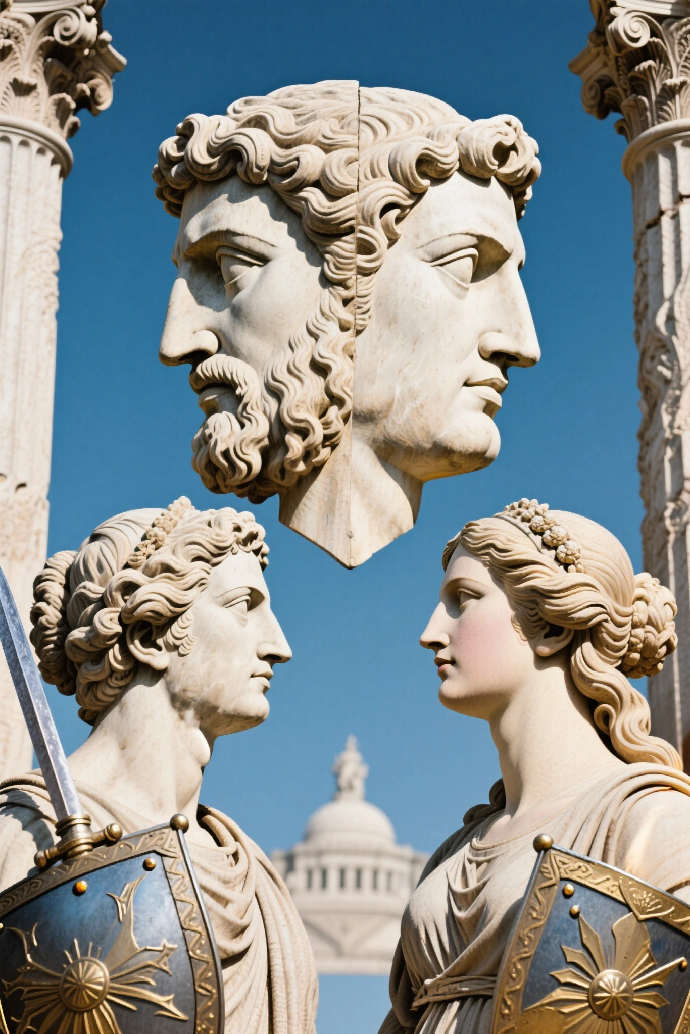 A hyper-realistic statue of a Roman Queen of poisonous plants holding a statue of a petrified rose, very old, ancient dust, and his facial expressions betray deep sadness and overthinking. A background of Roman columns, petrified birds, petrified dry moss, muted and faded colors, to emphasize the seriousness of the scene, dead birds, petrified beetles