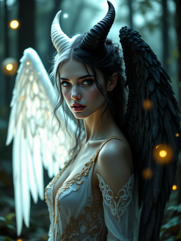 elegant beautiful woman, half angel half demon, full body, extremely detailed, delicate skin, sharply defined facial features, piercing eyes, sensual lips, long flowing hair, intricate angelic wings, horns, detailed intricate costume, dramatic lighting, dark moody atmosphere, chiaroscuro lighting, rich saturated colors, cinematic composition, photorealistic quality, (best quality,8k,8k,highres,masterpiece:1.2),ultra-detailed,(realistic,photorealistic,photo-realistic:1.37),porcelain skin,long eyelashes,sharp cheekbones,pale complexion,dramatic shadows and highlights,cinematic lighting,dramatic pose,powerful gaze,ethereal presence,dark fantasy,gothic,dramatic