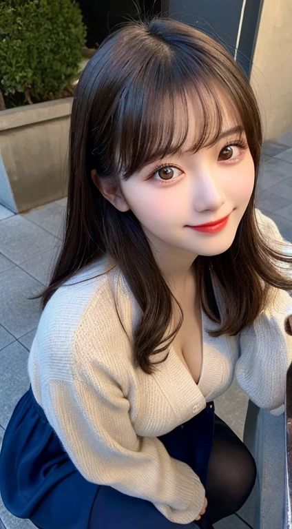table top, highest quality, shape, Super detailed, finely, High resolution, 8k wallpaper, 完璧なダイナミックな構shape, beautiful and detailed eyes, small breasts, natural color lip, random sexy pose,smile,20 year old girl、midnight、Beautiful and dense face、perfect and beautiful face,Big eyes、Raw photo(best image quality),long sleeve blouse、cardigan、flare skirt、luxury tower apartment、cute face、cute,night mode