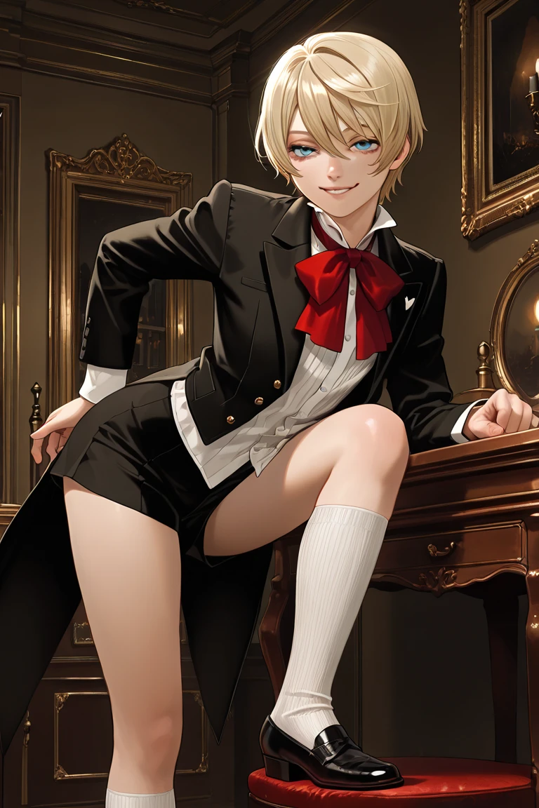(masterpiece:1.2), Highest quality, High resolution, unity 8k wallpaper, (figure:0.8), (Beautiful attention to detail:1.6), Highly detailed face, Perfect lighting, Highly detailed CG, (Perfect hands, Perfect Anatomy), (itsuki sumeragi), short hair, blue eyes, Blonde, Braiding, hair band, smile, skirt, shirt, school uniform, Jacket, white shirt, Pleated skirt, collared shirt, Black Skirt, blazer, (black thighhighs), (red Jacket:1.5), (white panties: 1.3), (show off panties), (standing), (skirt lift: 1.3), (from below: 1.5), (spread legs), looking at viewer, (Cowboy Shot:1.5), indoors, classroom