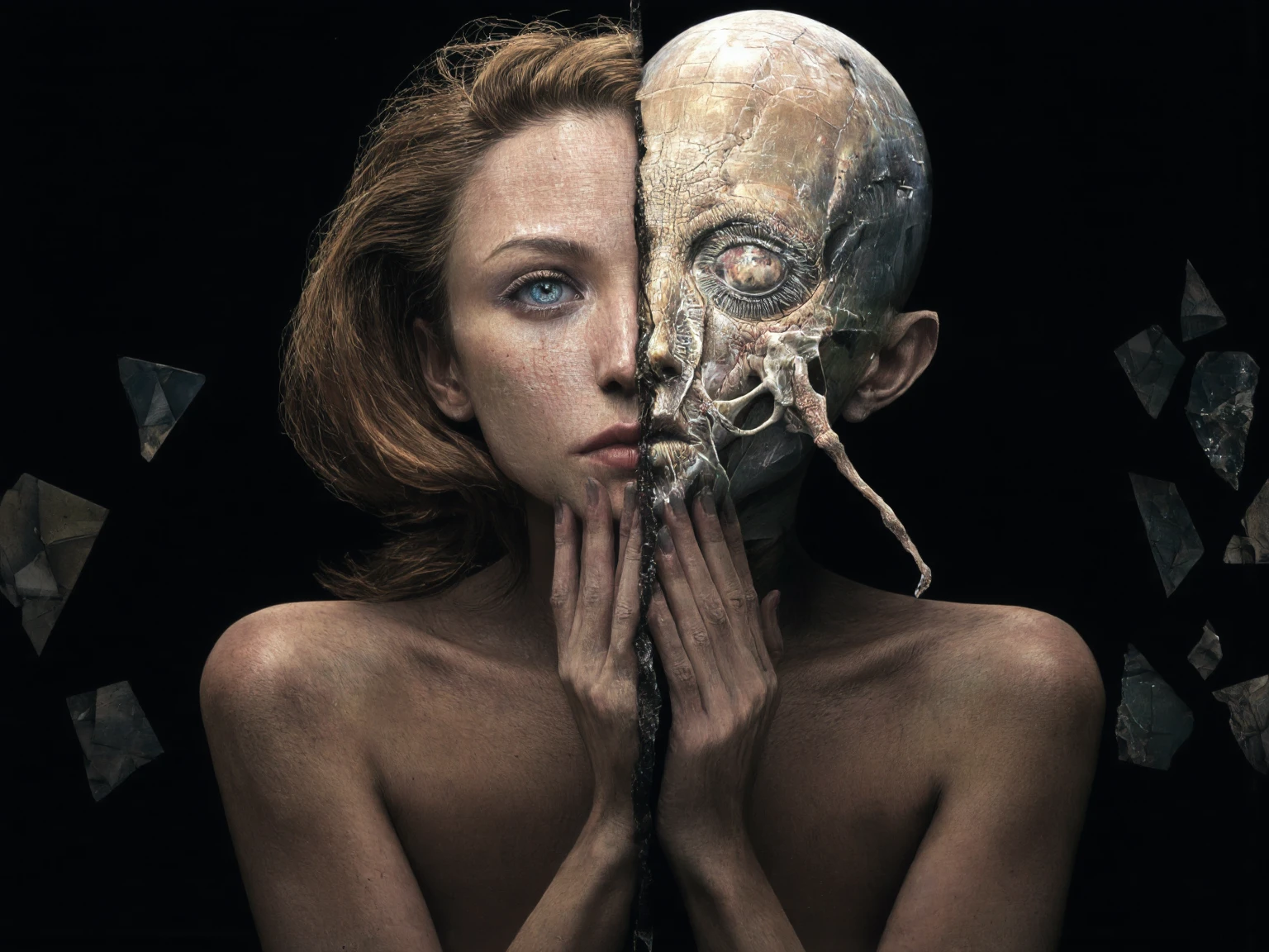 split head and body, buxom woman inside the body of a handsome man High detailed RAW color Photo, 8k, natural light
