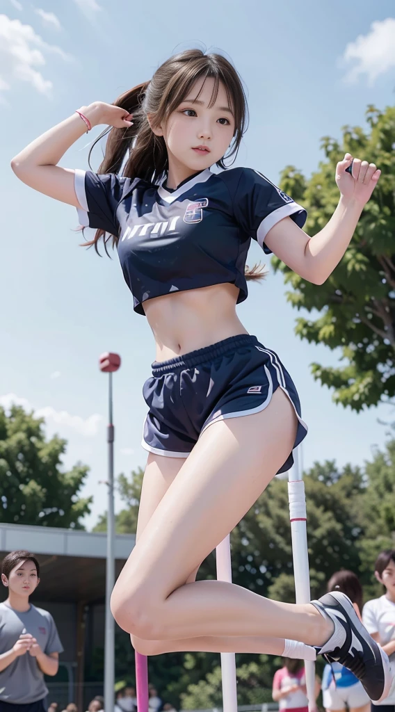 Girl running in schoolyard,Navy blue briefs in speed style without logo,White school gymnastics shirt,18year old,Bangs,A little smile,thighs thighs thighs thighs,Knees,short cut hair,poneyTail,From below