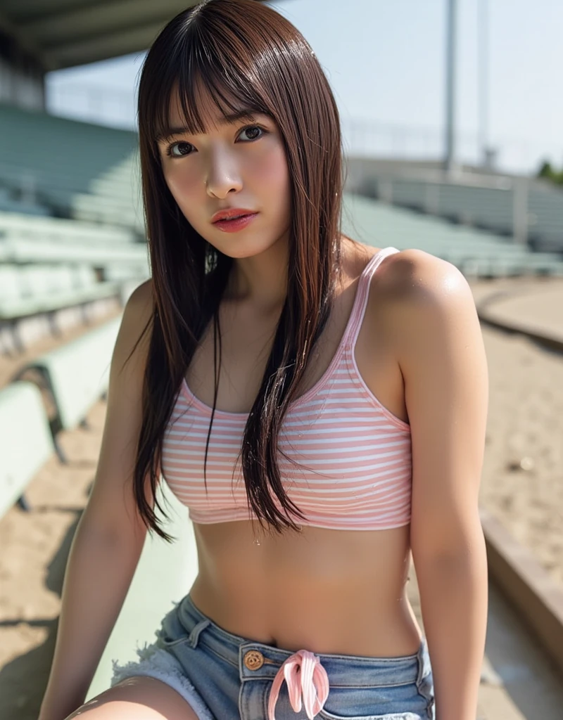 (at beach, 1 girl, small breasts, medium long hair, white tank-top, pink panties, camel toe, Spread legs, squatting:1.5), fair-skinned, glossy lips, skinny, body type, delicate and sexy clavicle, highest quality, RAW photo, realistic, face, incredibly ridiculous beautiful girl, cute, Depth of bounds written, High resolution, ultra detail, detailed, Very detailed, extremely detailed eye and face, sharp pupils, sharp focus, cinematic lighting