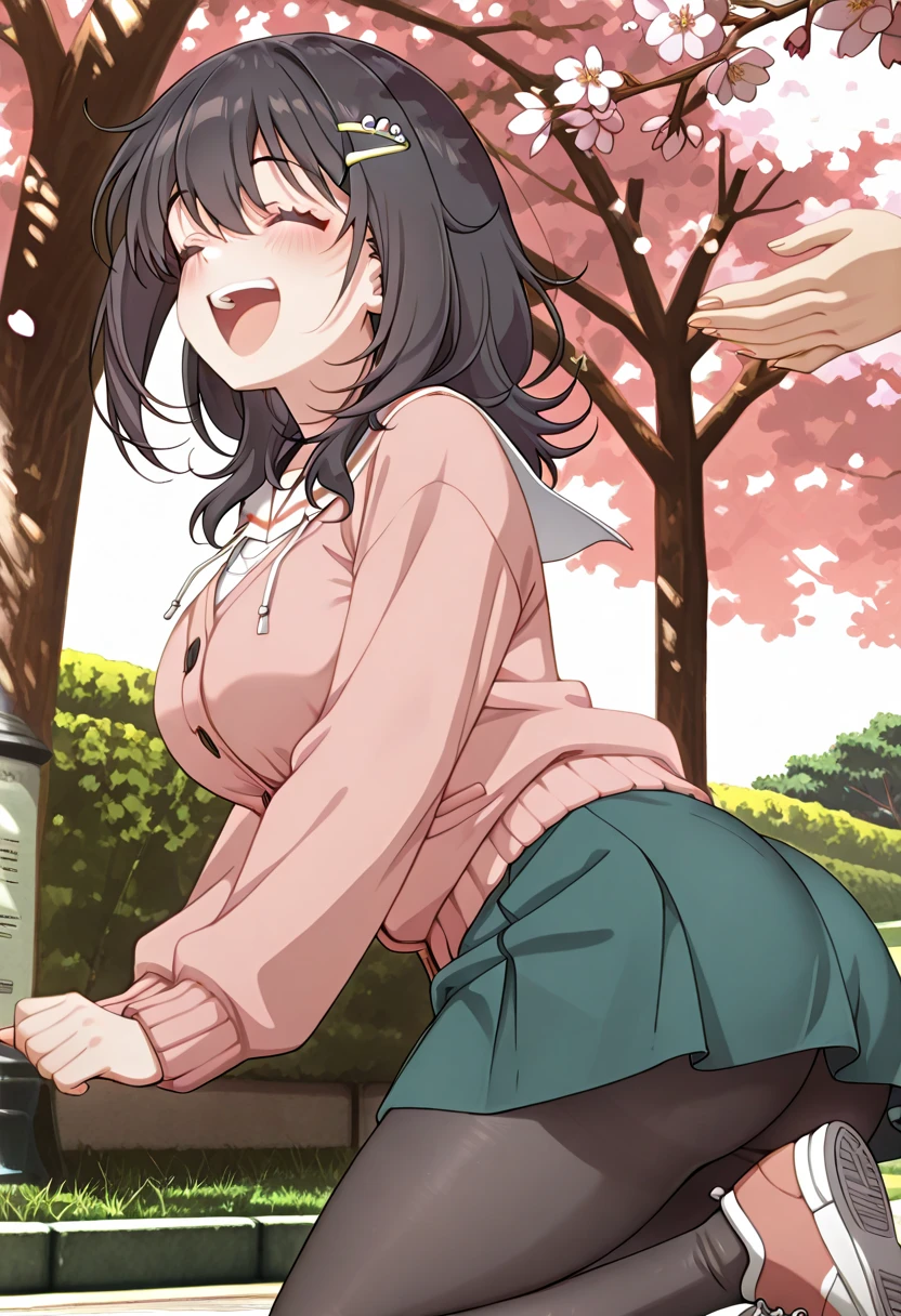 1man and 1woman having sex,mature woman,standing doggystyle,rolling up eyes,flying heart-shapes,shaking effect,black hair,open mouth,saliva,shouting bubbles,(curvy body),outdoor,pleated checked skirt,white shirt,laughing,