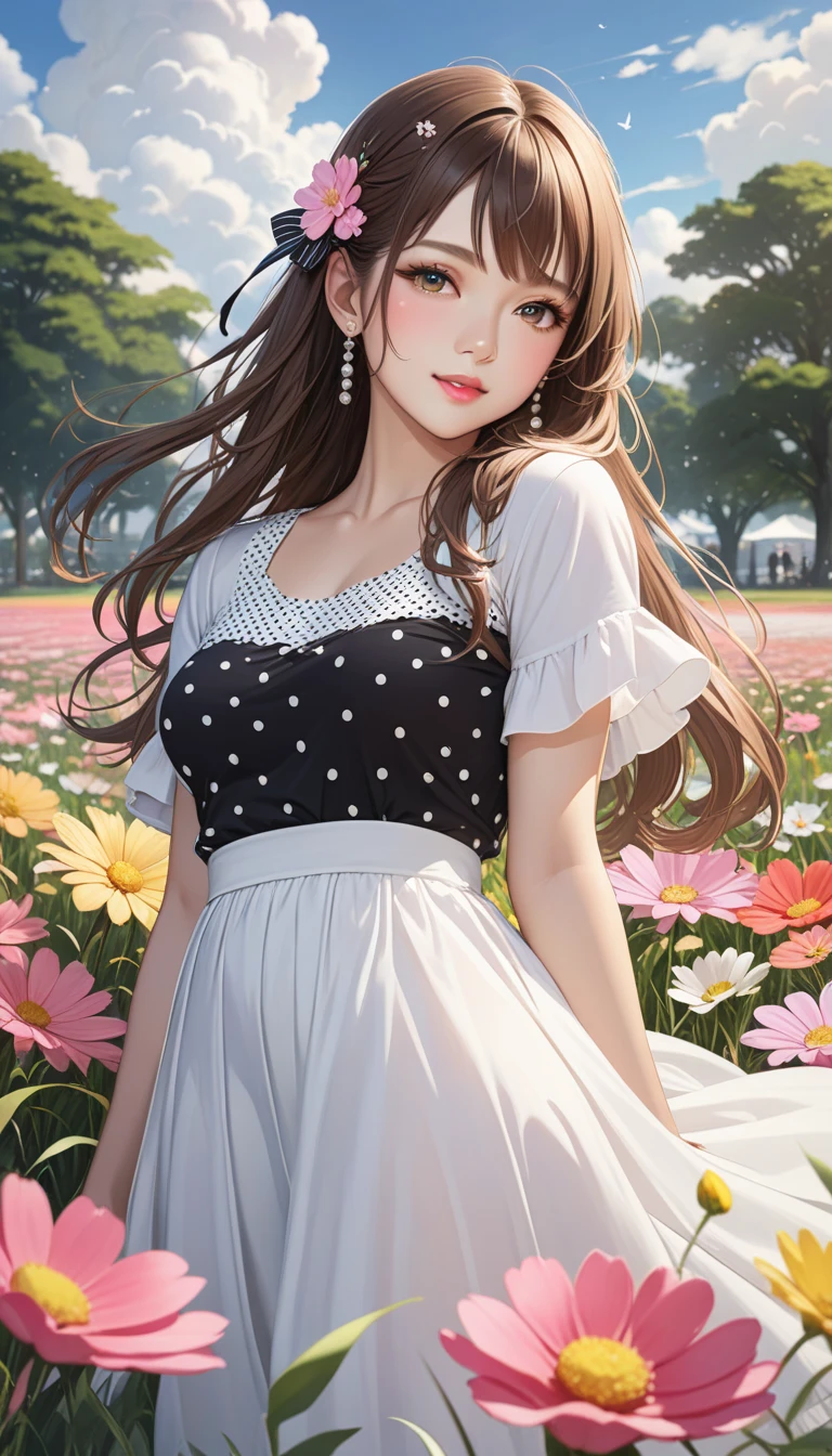 Beautiful girl, perfect body, perfect face, きれいな茶colorの目, Cute Pink Lips, Slender and Balanced Style, White and Black Dot Tee, 青colorのジーンズ,  Pink sneakers, Smile, A lovely pose, Beautiful Summer Sky, On the grassy plaza, Flowers blooming in the field , color々Flower, , Mid-chest, long brown hair, pearl, hair that flutters like the wind, Highest Quality, masterpiece, high resolution, 8K, High Definition, Detailed Background, Detailed and realistic images, 