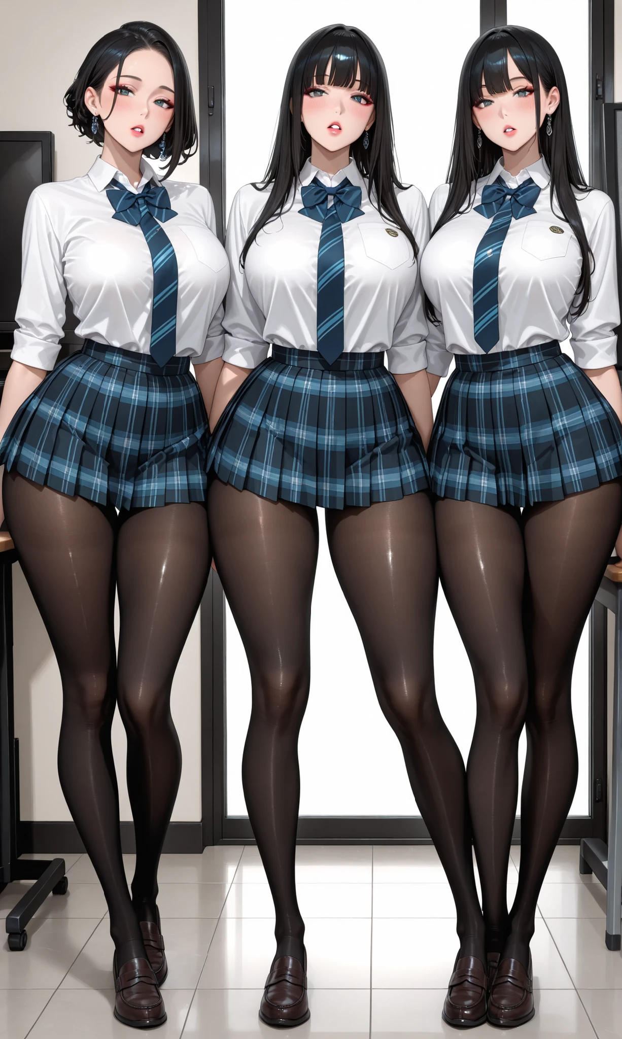 masterpiece, High Quality, Three female college students, different hairstyles, College Pleated Miniskirt Uniform, various bust sizes, viewers from glans to faces, lined up in a row in the studio, Bright indoors, Blush, Glossy Black Tights_wide thighs_long legs, parted lips, makeup, accessories, dynamic pose, (I can see all 3 girls), A girl with a super cute face_Glossy Black Tights, erotic girl, wide thighs_long legs黒いタイツ, Thin Ankle in Black Tights, Loafers,