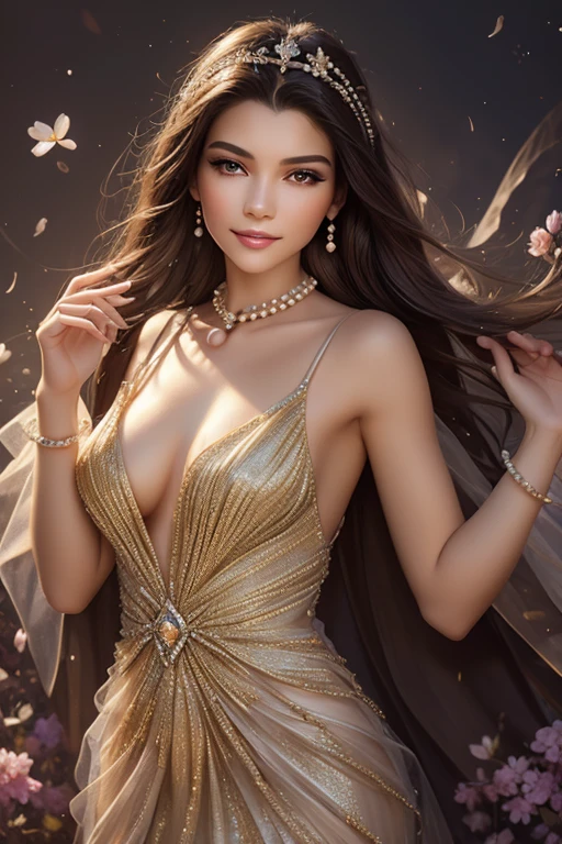 ((Beautiful princess))8K、An ultra-high picture quality、Ultra-realistic detailasutepiece、3d rendered、Golden decoration、(The chest is wide open:0.8)、(Skin revealing:1.2)、Sit in a plush chair、Crisp skin、Beautiful body curves、Smiling、