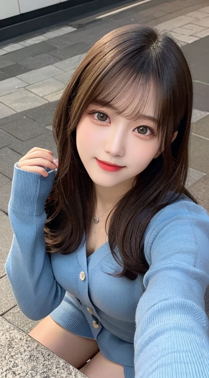 table top, highest quality, shape, Super detailed, finely, High resolution, 8k wallpaper, 完璧なダイナミックな構shape, beautiful and detailed eyes, winter dress,medium hair, small breasts, natural color lip,smile,big city、20 year old girl、midnight、Beautiful and dense face、perfect and beautiful face、slim face and style,spread your arms wide,Big eyes,Take a photo from below the knees at a face angle、In underwear